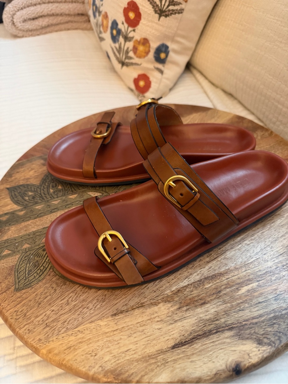Steve Madden ZINA. Brown Leather Dual-Buckle Slide Sandals - Picture 2 of 7